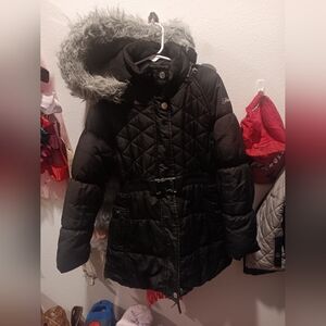 Hawke & Co Black Quilted Puffer Coat with Faux Fur Hood And Metal Buckle